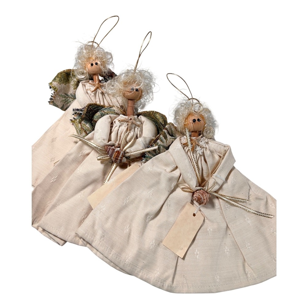 Vintage Coastal Angel Ornaments Set of 3 Seashell Starfish Nautical Christmas